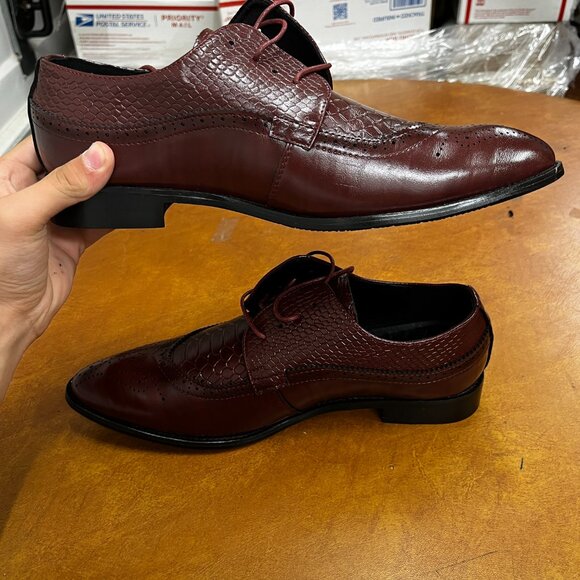 Santimon Men's US 8, 12 Red Wingtip Brogue Derby Crocodile Pattern Lace Up Shoes - Picture 7 of 10